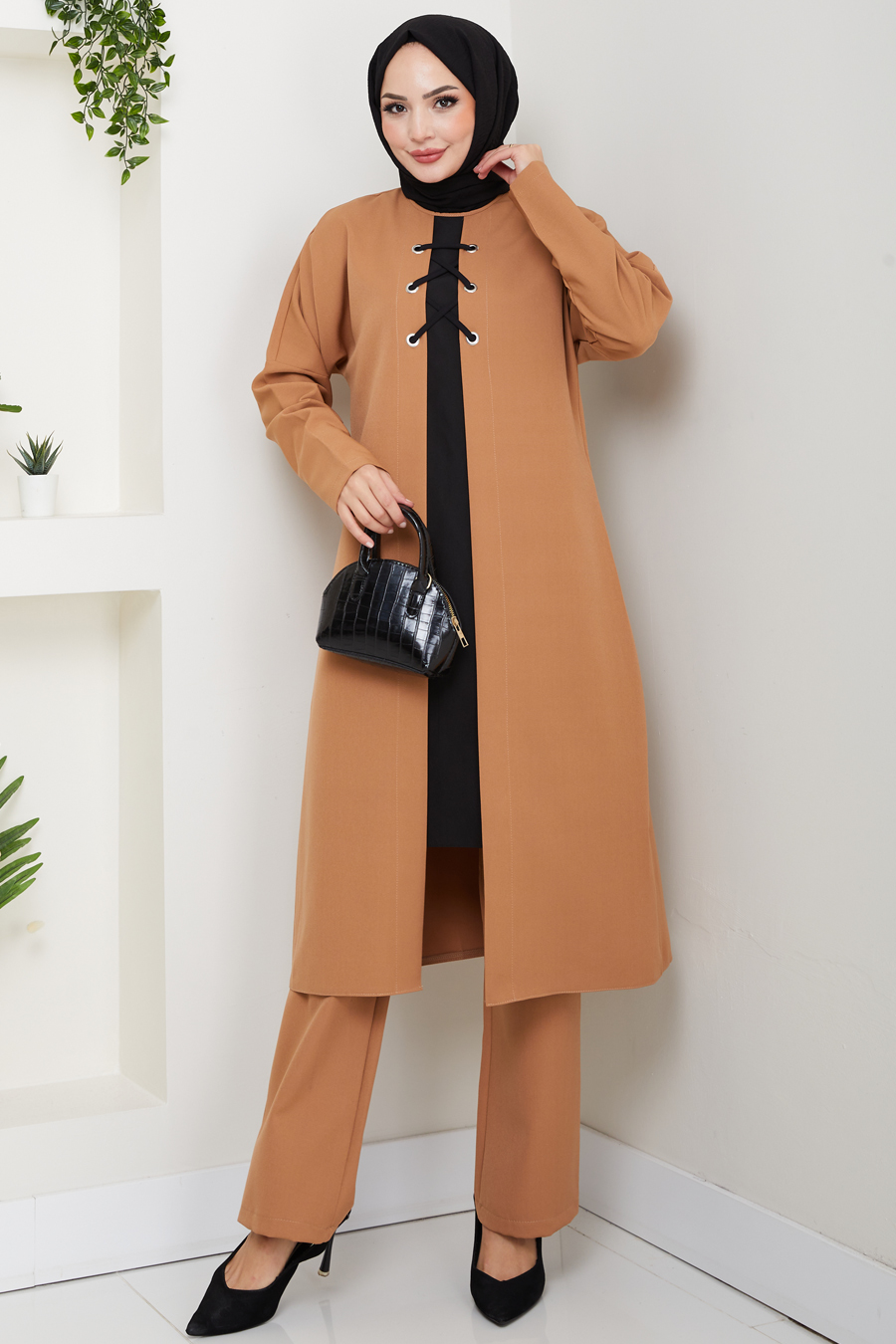Bağlama Detaylı İkili Tesettür Takım - Taba