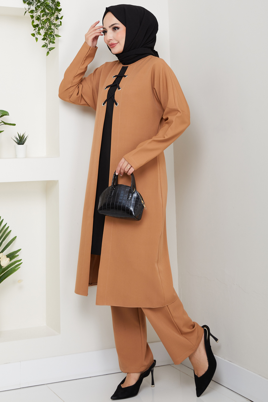 Bağlama Detaylı İkili Tesettür Takım - Taba