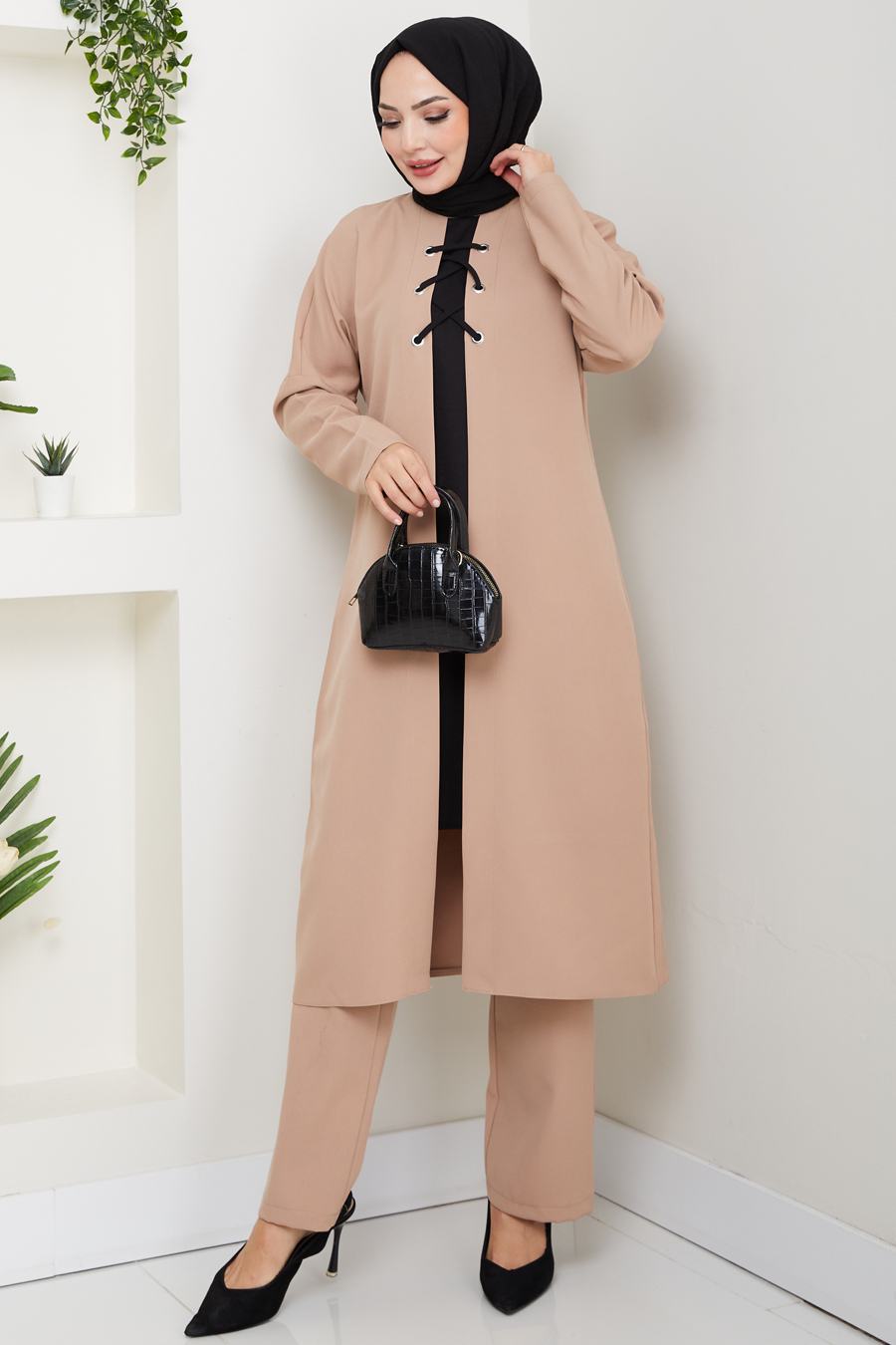 Bağlama Detaylı İkili Tesettür Takım - Vizon