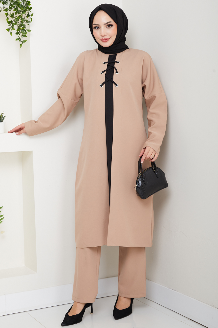 Bağlama Detaylı İkili Tesettür Takım - Vizon