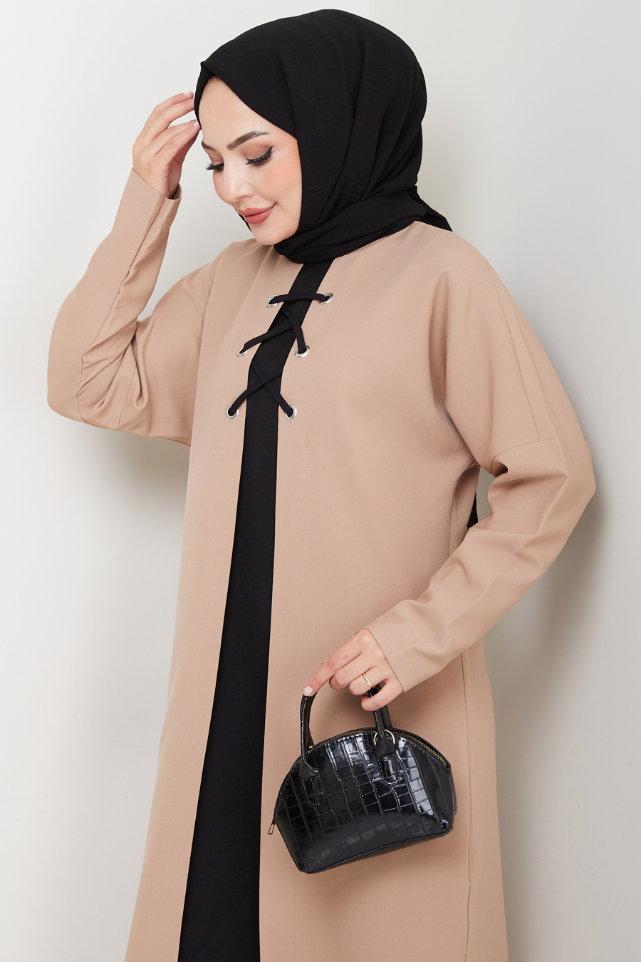 Bağlama Detaylı İkili Tesettür Takım - Vizon