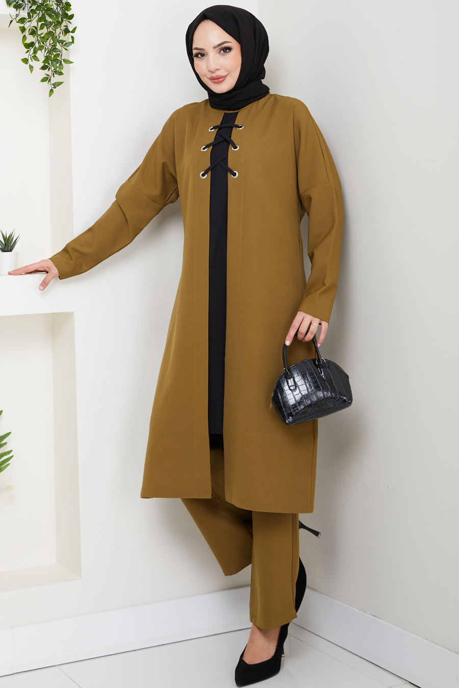 Bağlama Detaylı İkili Tesettür Takım - Yağ Yeşili