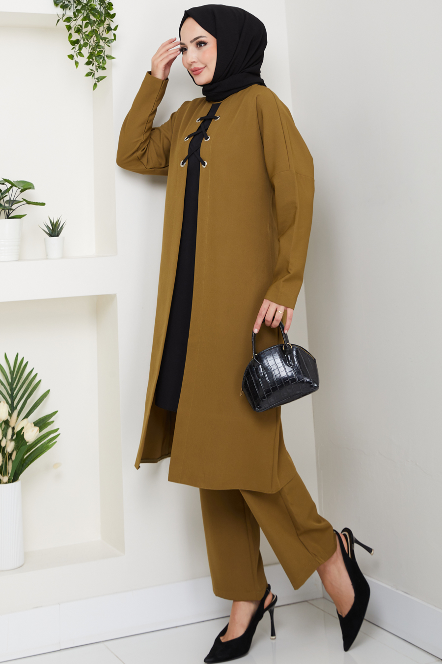 Bağlama Detaylı İkili Tesettür Takım - Yağ Yeşili