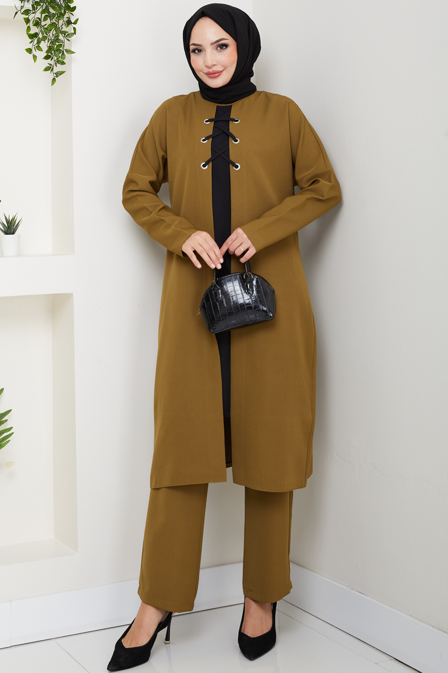 Bağlama Detaylı İkili Tesettür Takım - Yağ Yeşili