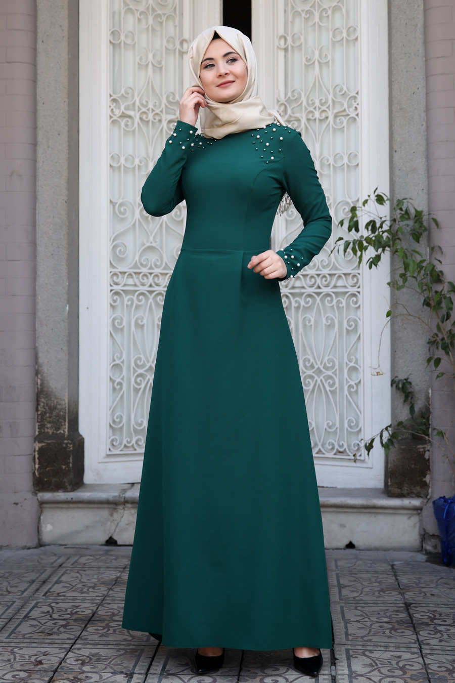 Sümay Moda - Omuz İncili Elbise - Yeşil
