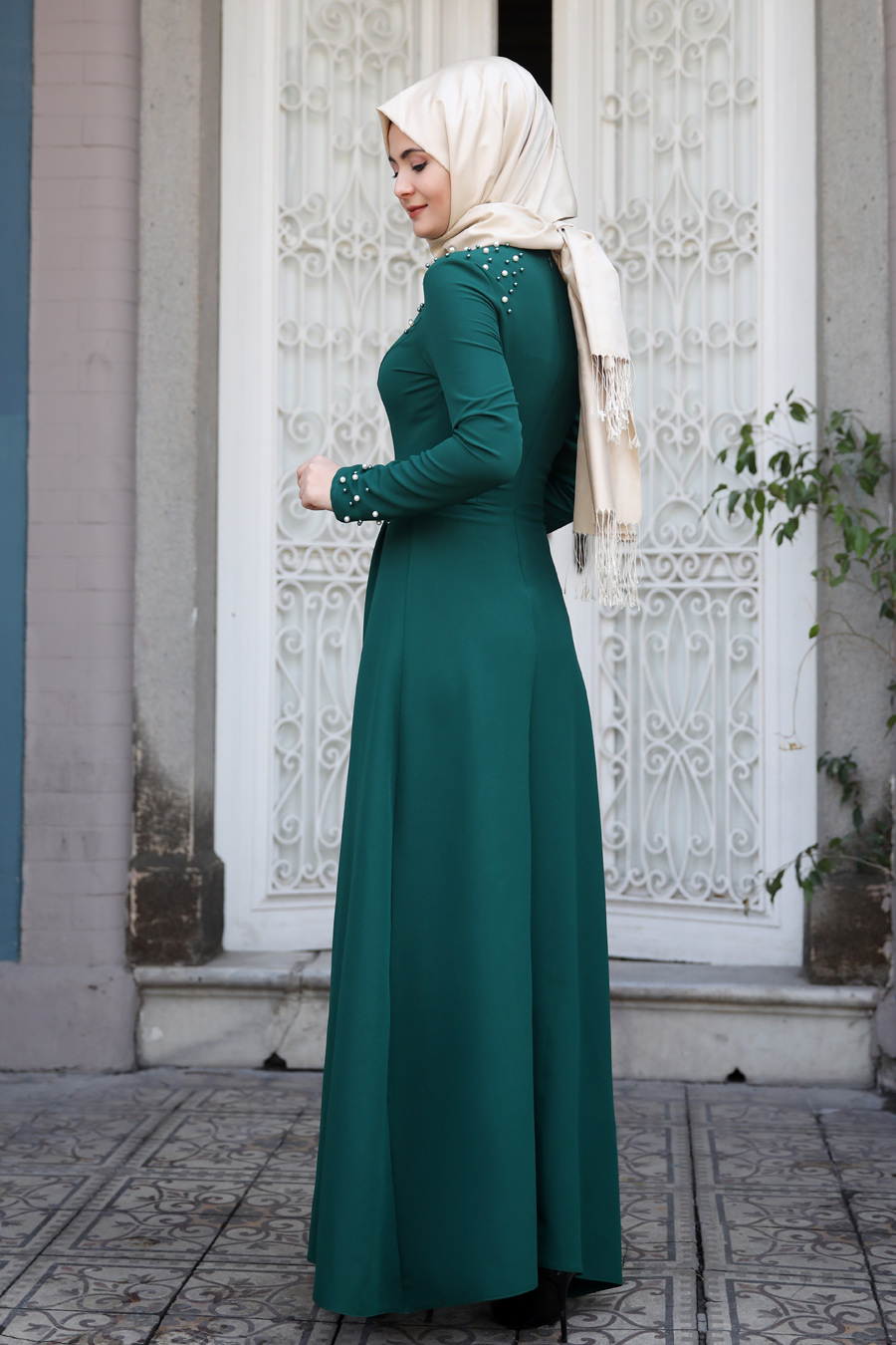 Sümay Moda - Omuz İncili Elbise - Yeşil