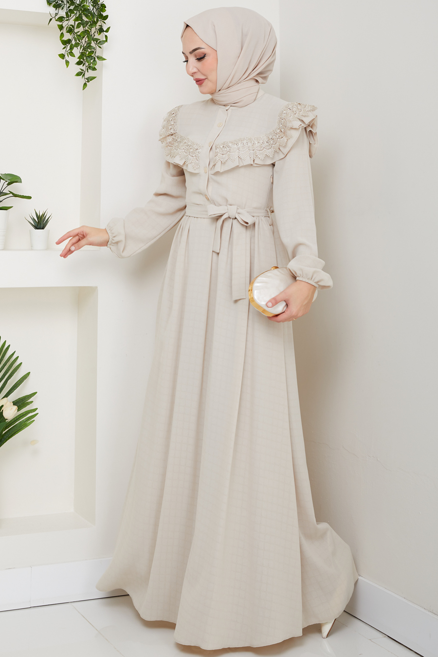 Güpürlü Tesettür Elbise - BEJ