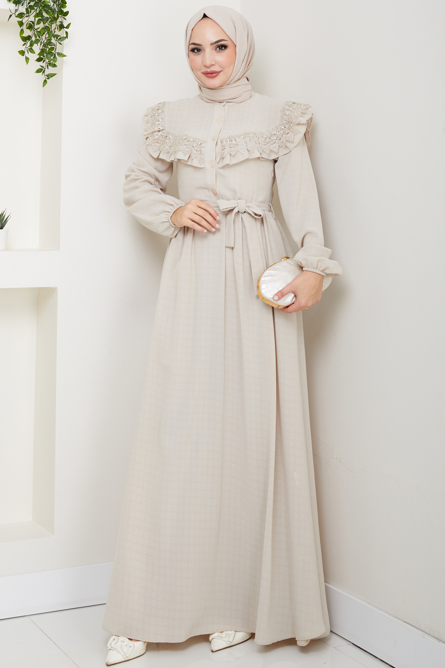 Güpürlü Tesettür Elbise - BEJ