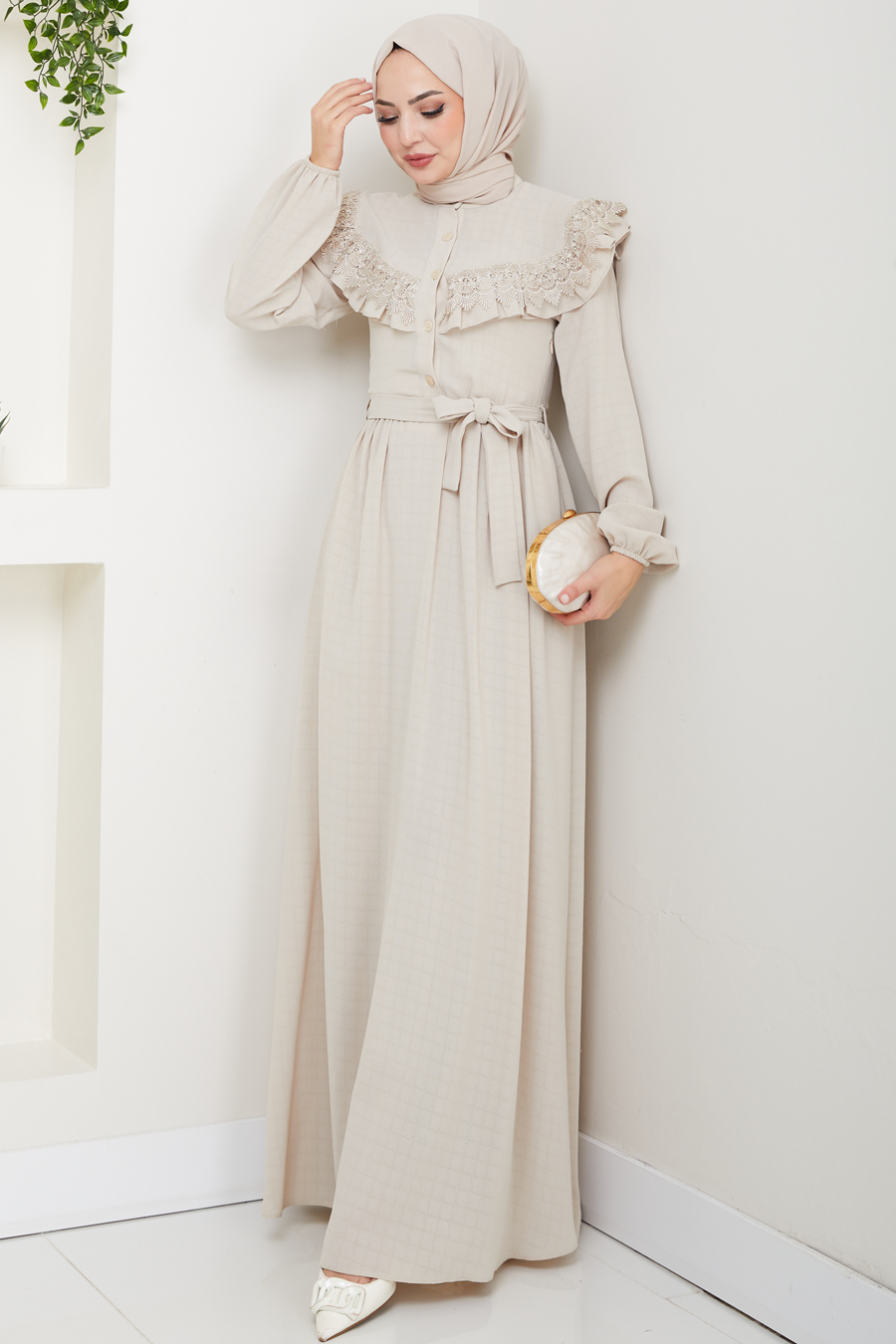 Güpürlü Tesettür Elbise - BEJ