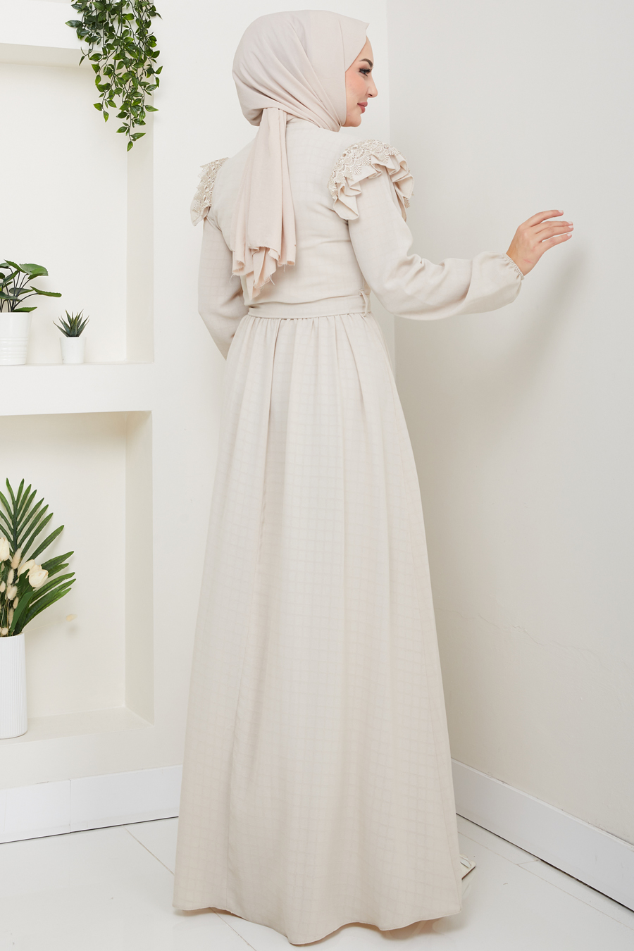 Güpürlü Tesettür Elbise - BEJ