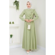 Yakası Fırfırlı Tesettür Elbise - Mint