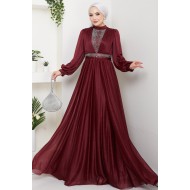 Önü Piliseli Kemerli Abiye Elbise - BORDO