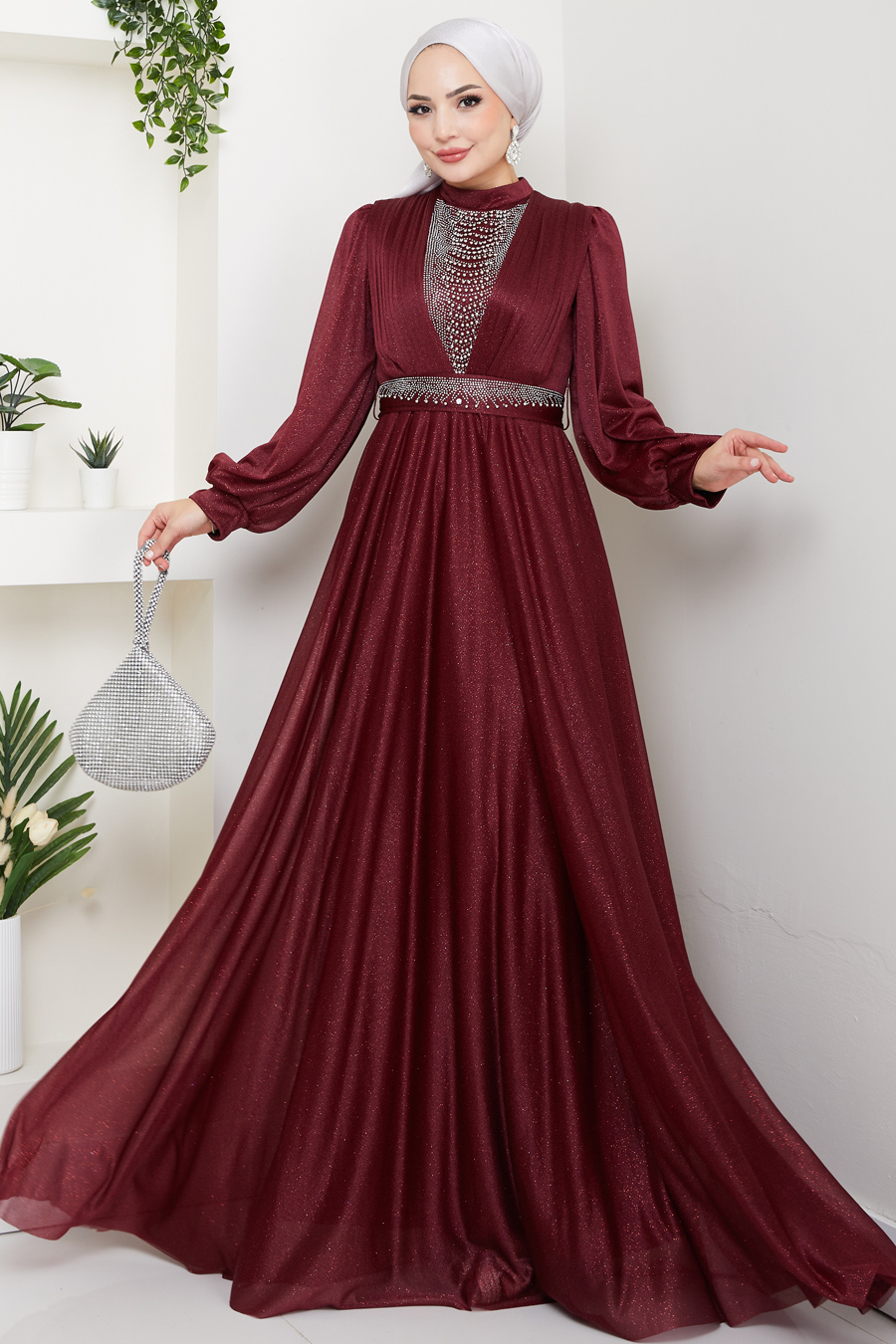 Önü Piliseli Kemerli Abiye Elbise - BORDO