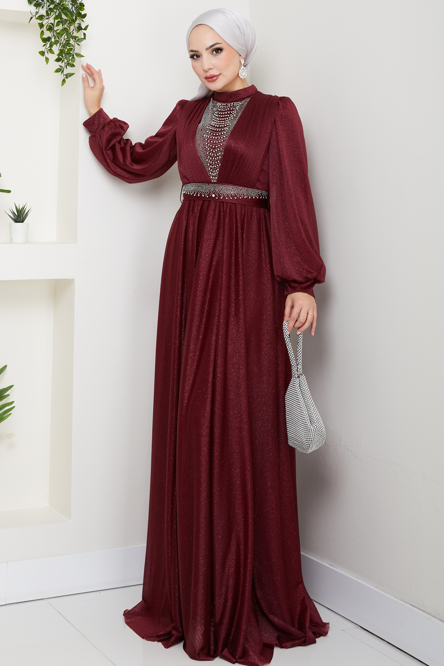 Önü Piliseli Kemerli Abiye Elbise - BORDO