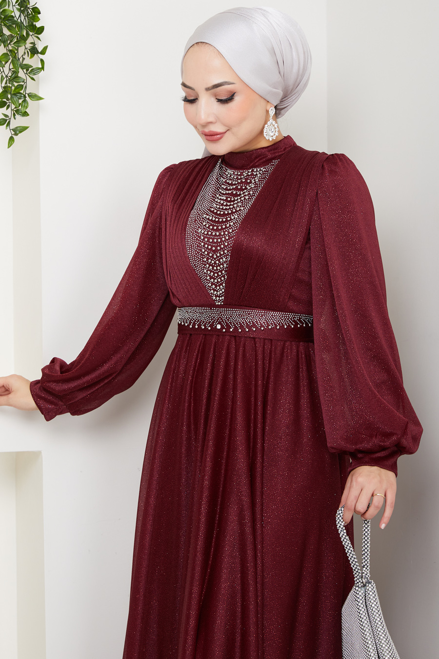 Önü Piliseli Kemerli Abiye Elbise - BORDO