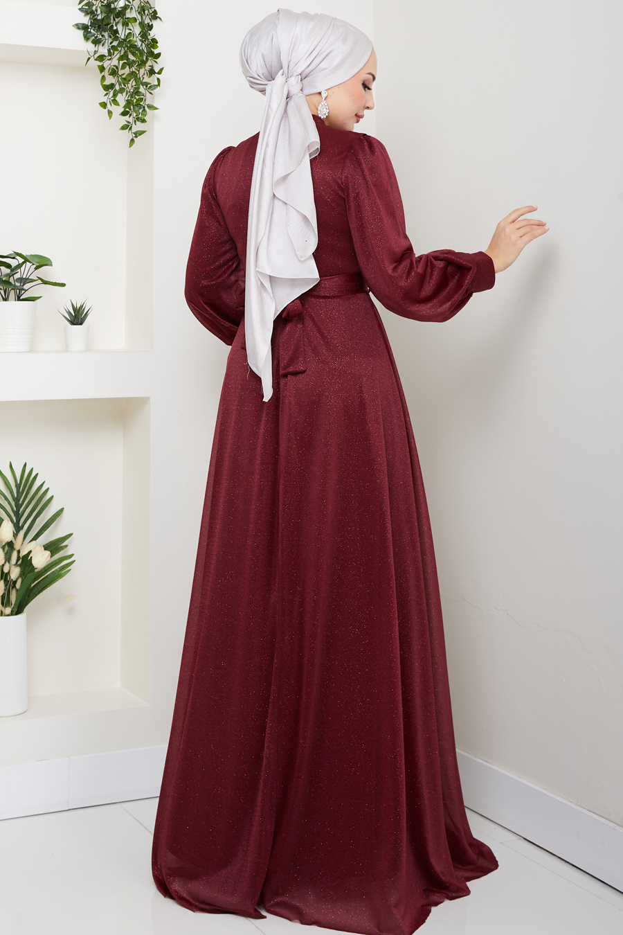 Önü Piliseli Kemerli Abiye Elbise - BORDO