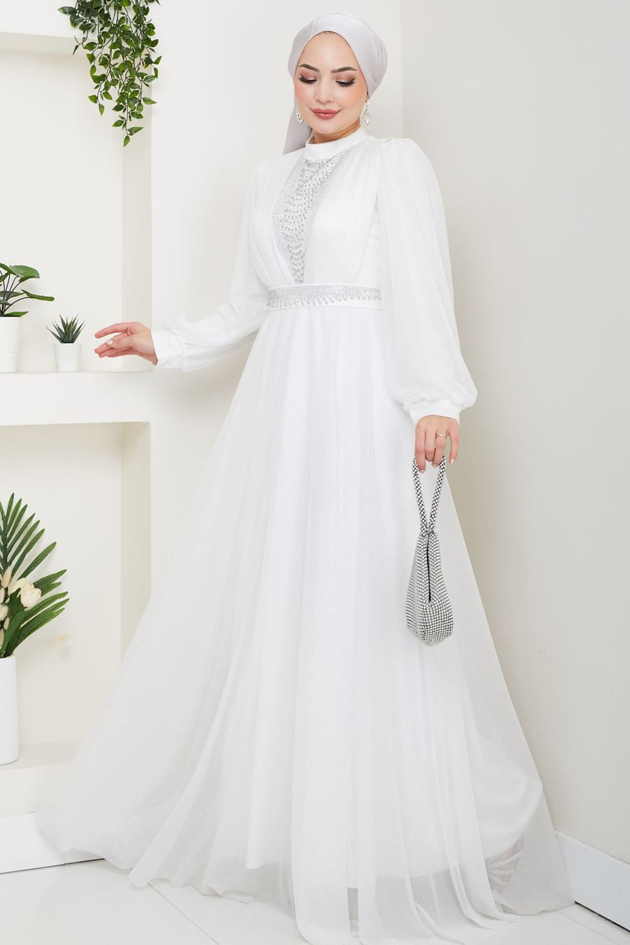 Önü Piliseli Kemerli Abiye Elbise - EKRU