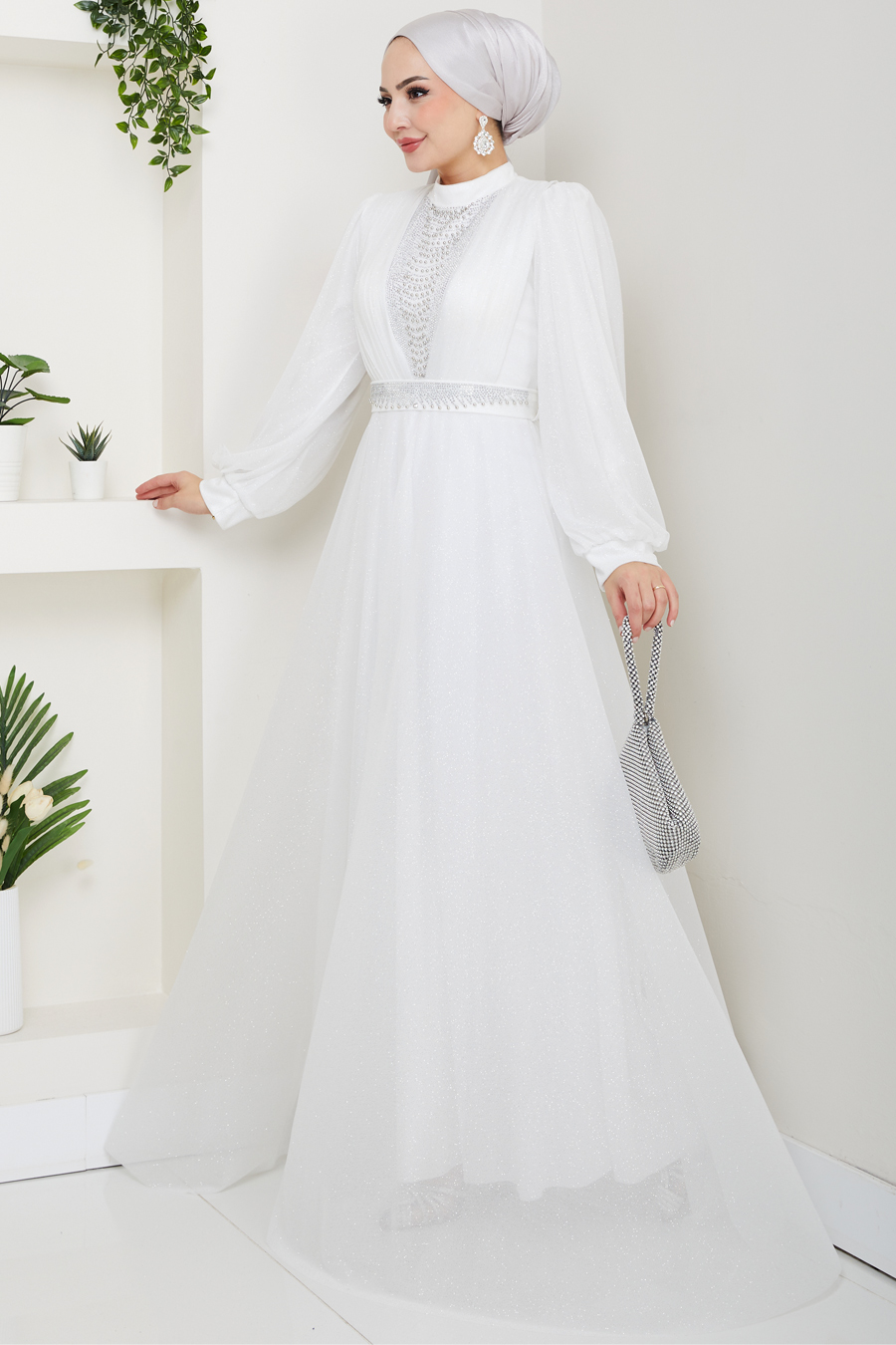 Önü Piliseli Kemerli Abiye Elbise - EKRU