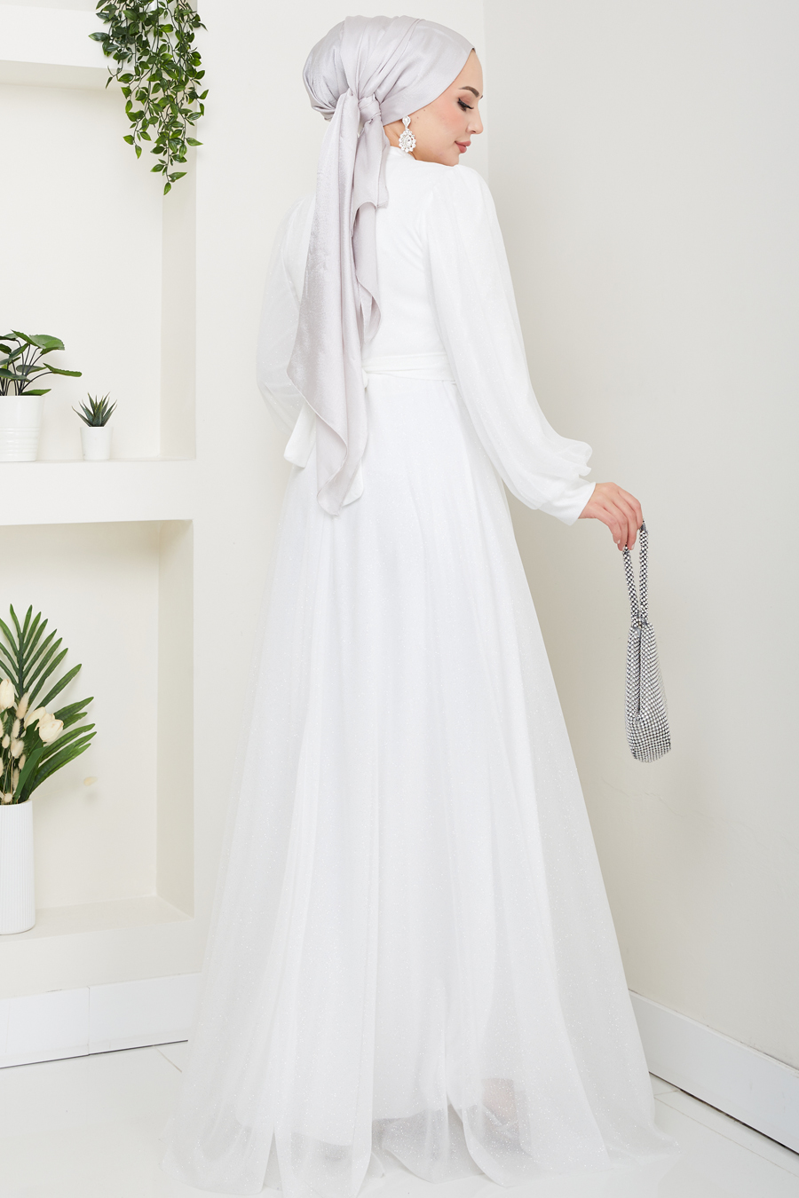 Önü Piliseli Kemerli Abiye Elbise - EKRU