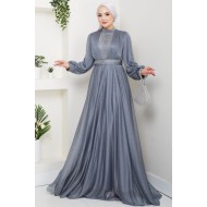 Önü Piliseli Kemerli Abiye Elbise - GRİ