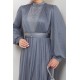 Önü Piliseli Kemerli Abiye Elbise - GRİ