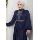 Önü Piliseli Kemerli Abiye Elbise -LACİVERT