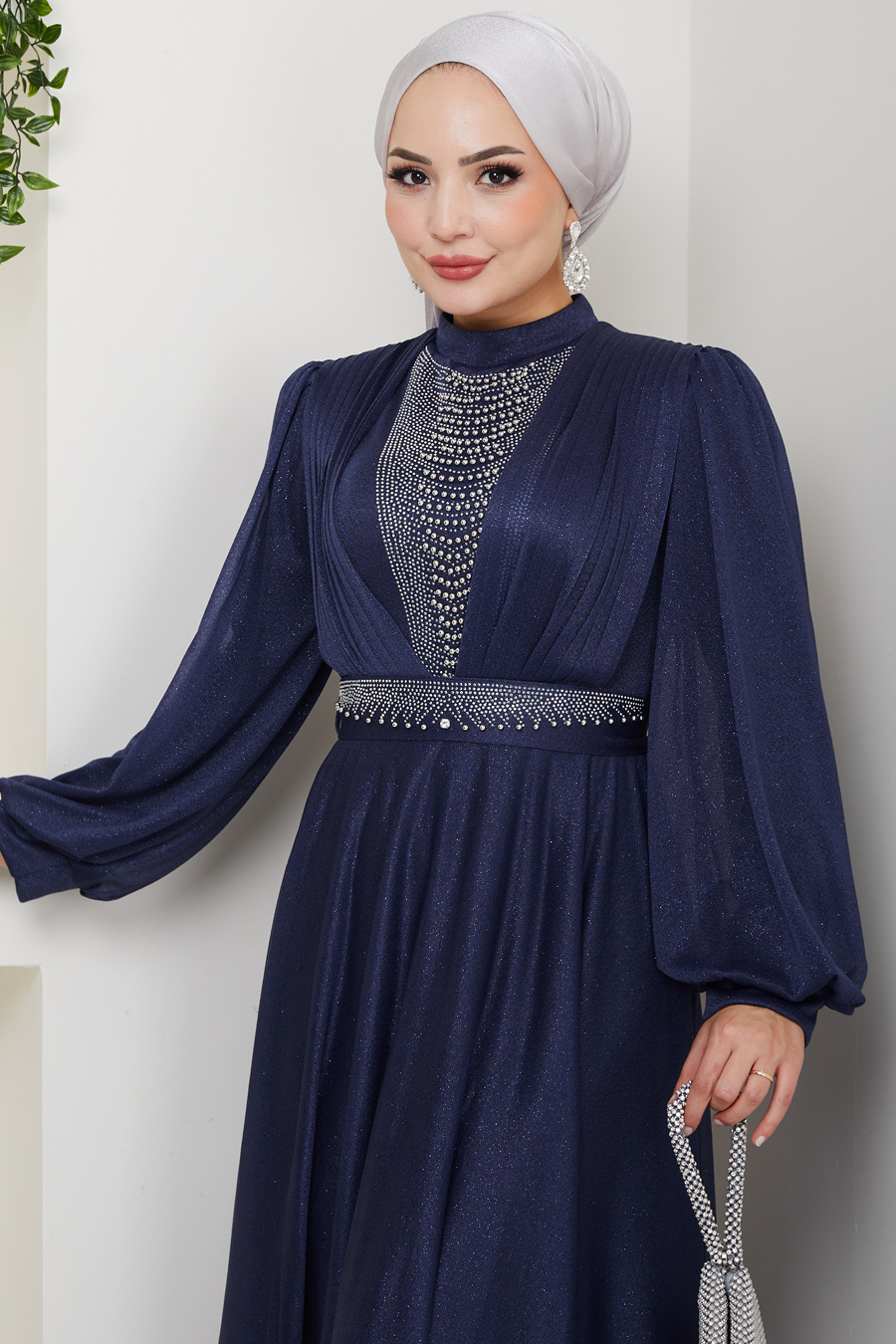 Önü Piliseli Kemerli Abiye Elbise -LACİVERT