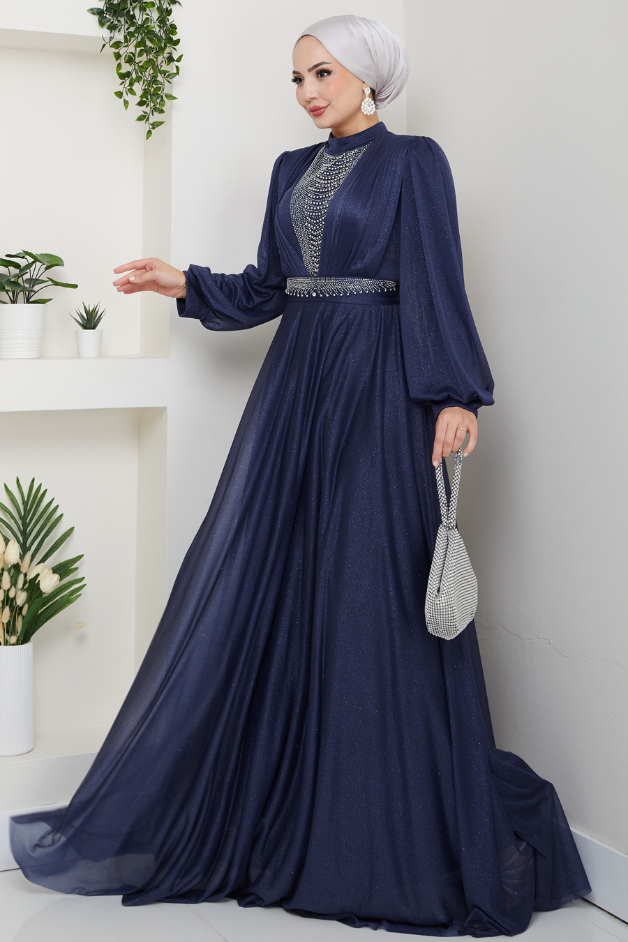 Önü Piliseli Kemerli Abiye Elbise -LACİVERT