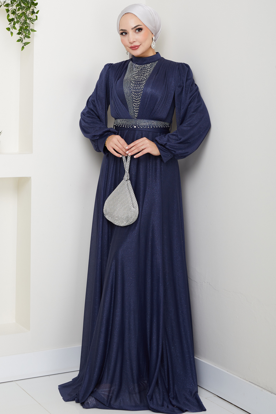 Önü Piliseli Kemerli Abiye Elbise -LACİVERT