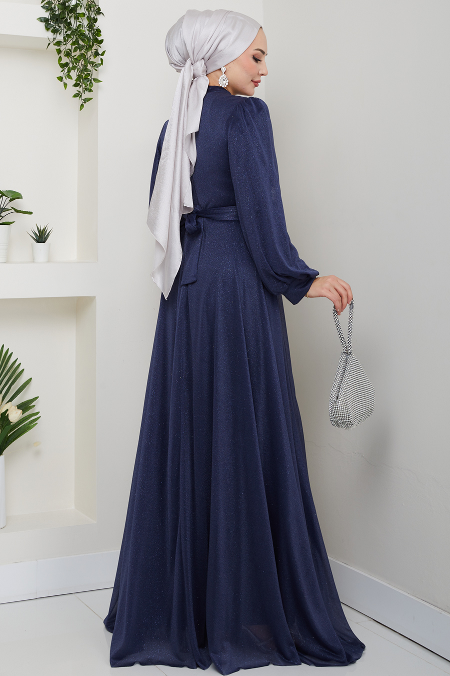 Önü Piliseli Kemerli Abiye Elbise -LACİVERT