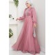 Önü Piliseli Kemerli Abiye Elbise - PEMBE