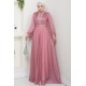 Önü Piliseli Kemerli Abiye Elbise - PEMBE