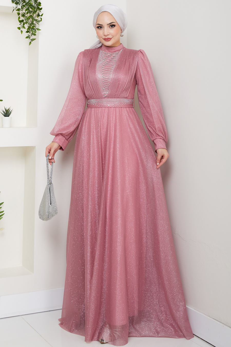 Önü Piliseli Kemerli Abiye Elbise - PEMBE