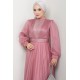 Önü Piliseli Kemerli Abiye Elbise - PEMBE