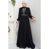 Önü Piliseli Kemerli Abiye Elbise - SİYAH