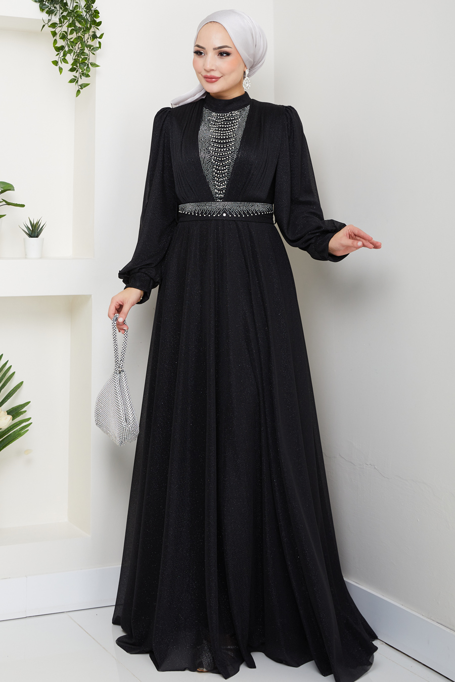 Önü Piliseli Kemerli Abiye Elbise - SİYAH