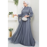 Kemerli Abiye Elbise - GRİ