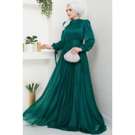 Kemerli Abiye Elbise - YEŞİL