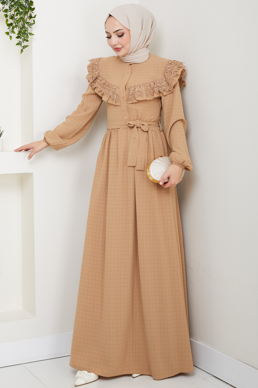Güpürlü Tesettür Elbise - Bakır
