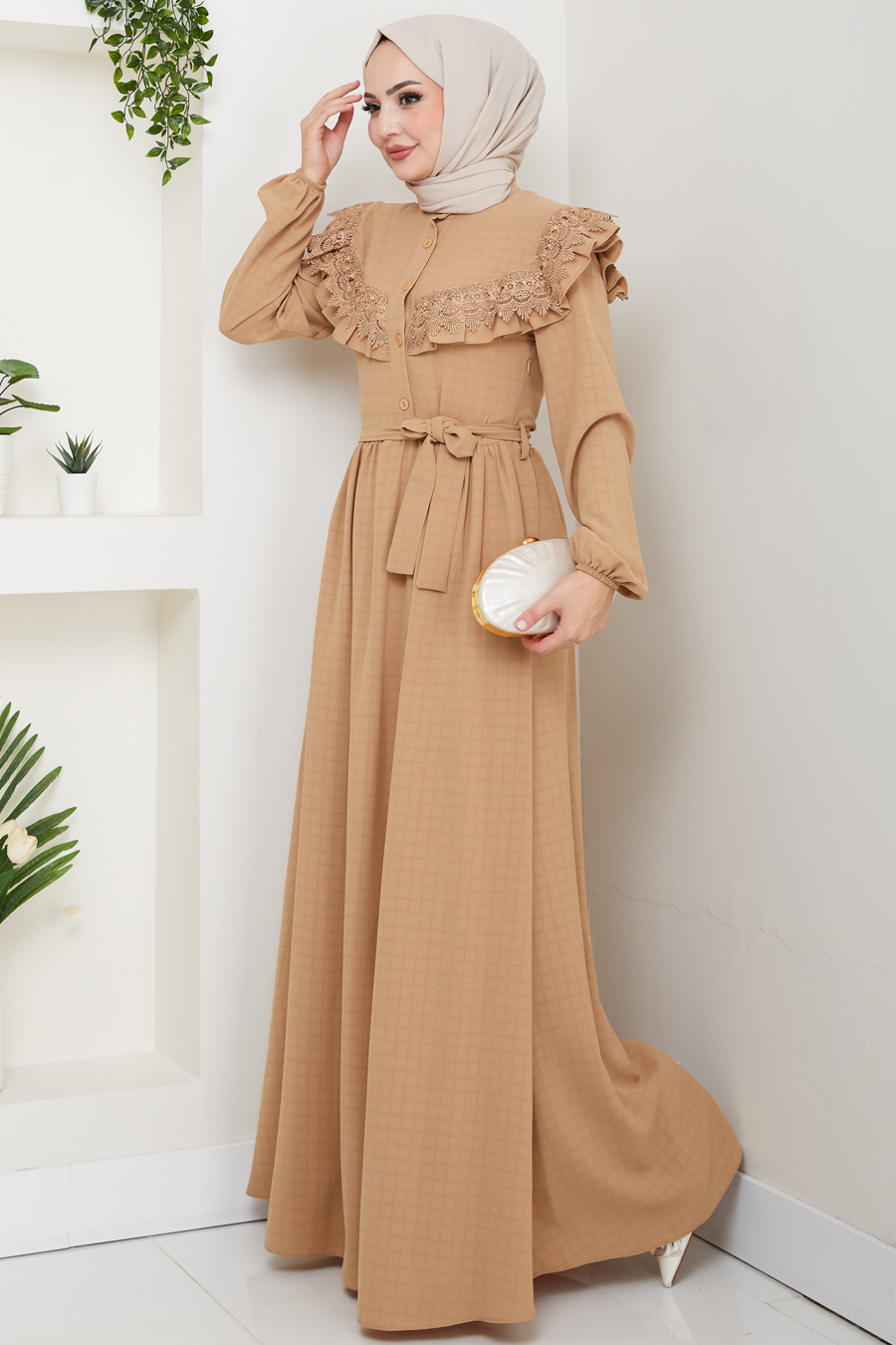 Güpürlü Tesettür Elbise - Bakır