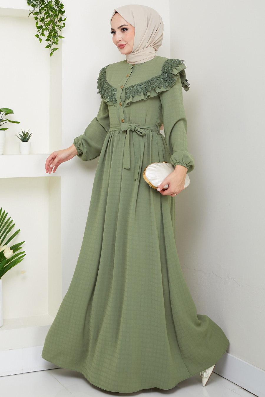 Güpürlü Tesettür Elbise - Çağla Yeşili