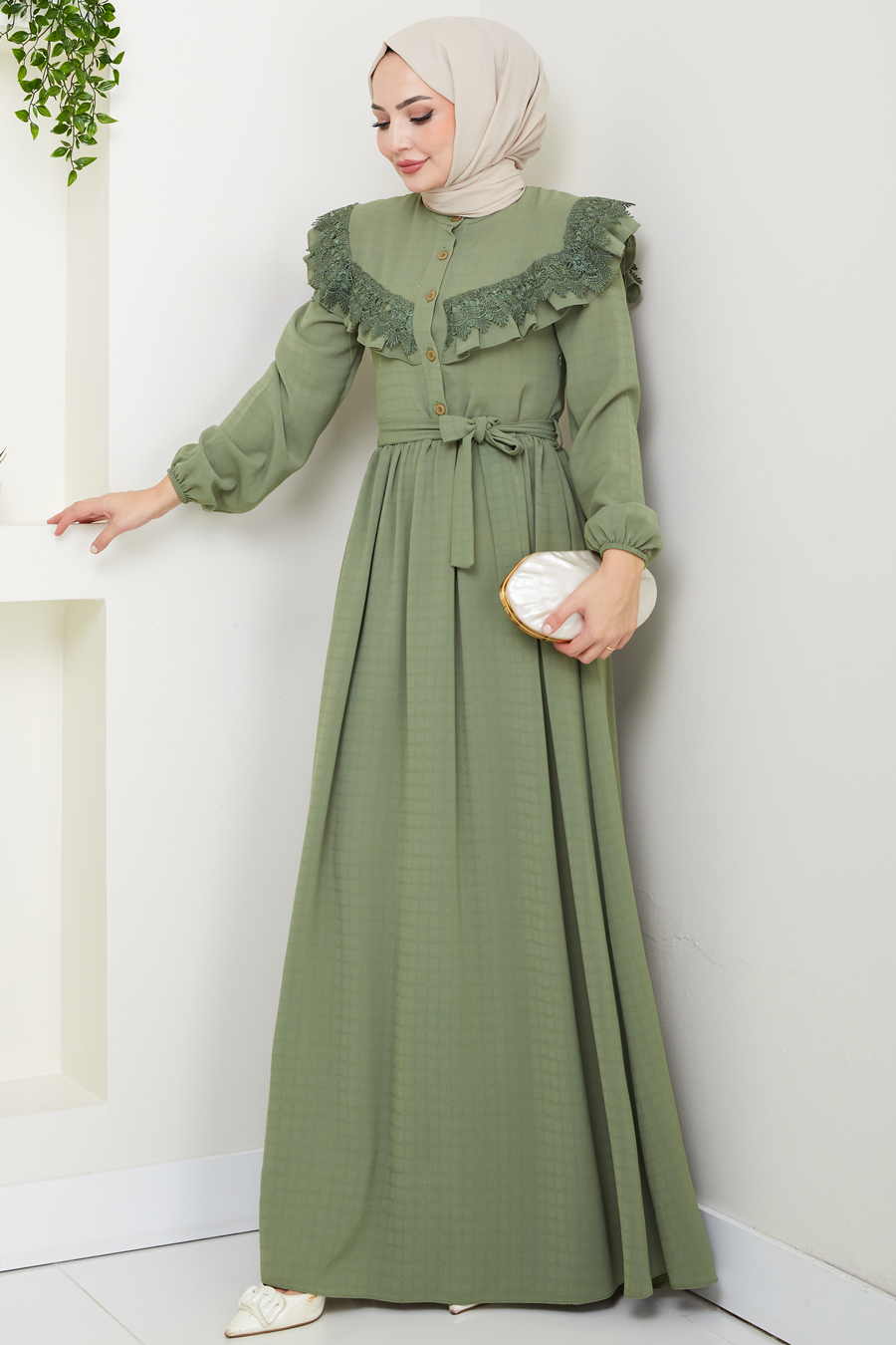 Güpürlü Tesettür Elbise - Çağla Yeşili