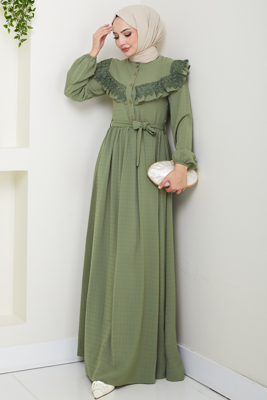 Güpürlü Tesettür Elbise - Çağla Yeşili