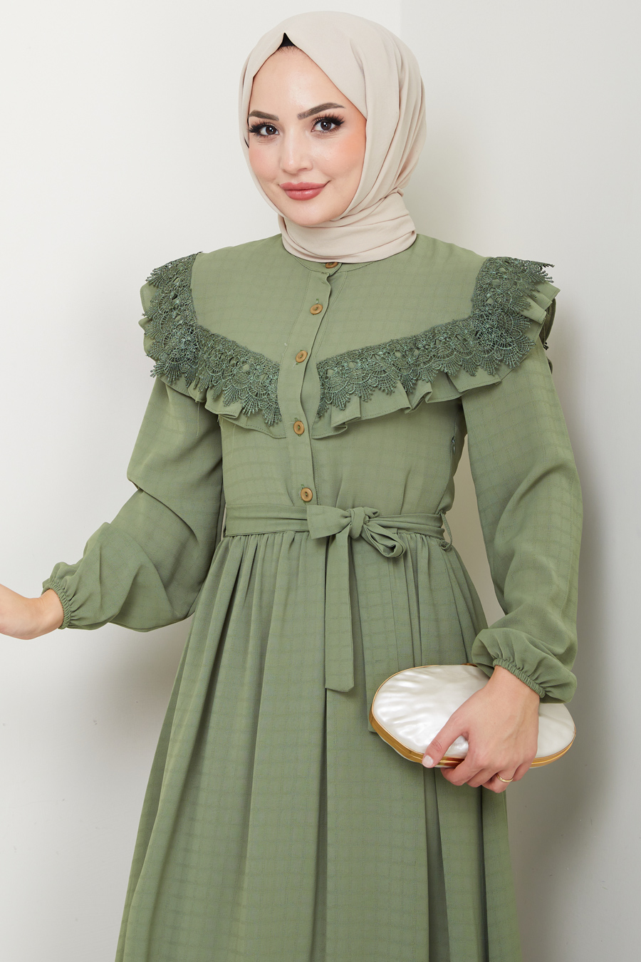 Güpürlü Tesettür Elbise - Çağla Yeşili