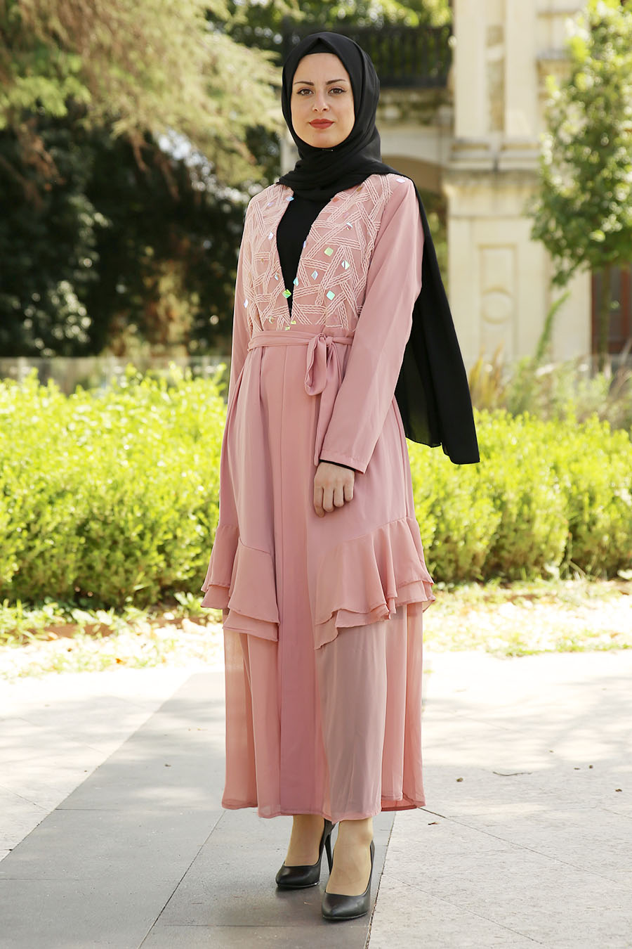 Desenli Abaya-Pembe