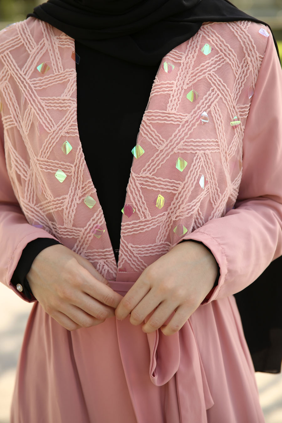 Desenli Abaya-Pembe