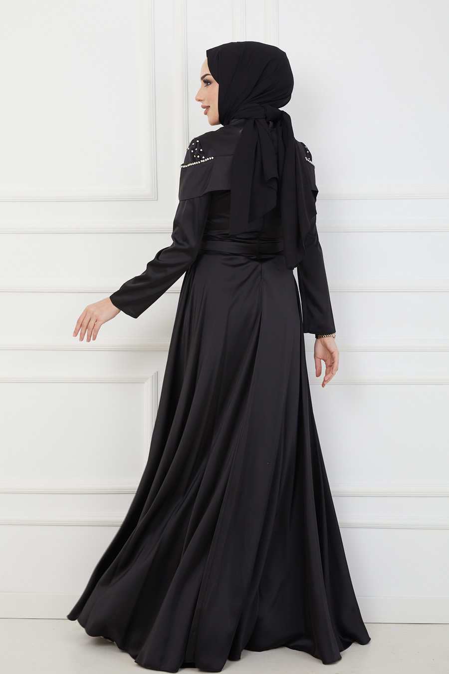 Omuz Detaylı Tesettür Abiye Elbise - Siyah