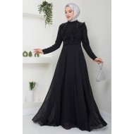 Önü Fırfırlı Tesettür Abiye Elbise - Siyah