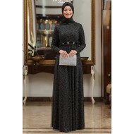 Beli Güpür Detaylı Tesettür Abiye Elbise - Siyah Beli Güpür Detaylı Tesettür Abiye Elbise - Siyah