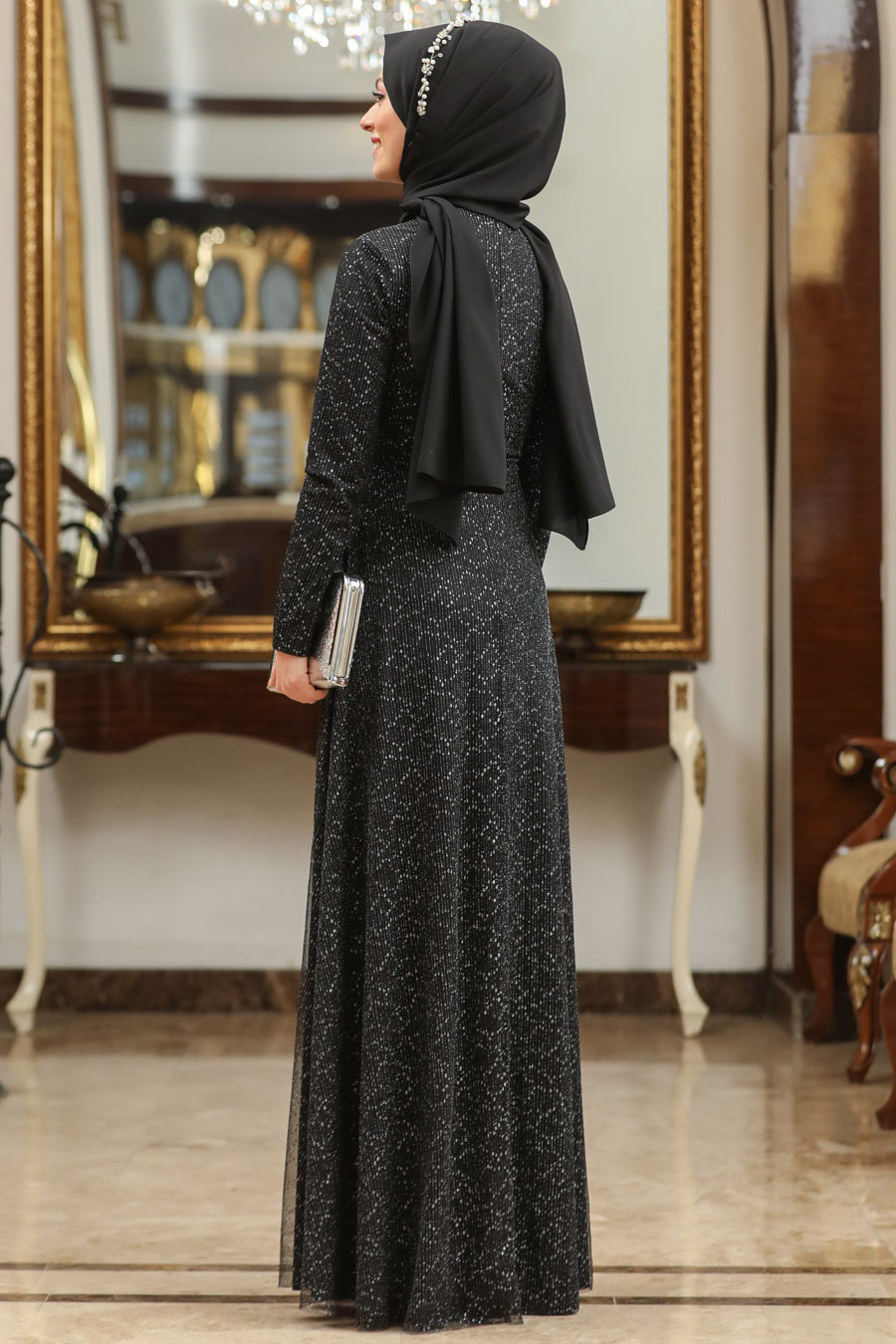 Beli Güpür Detaylı Tesettür Abiye Elbise - Siyah